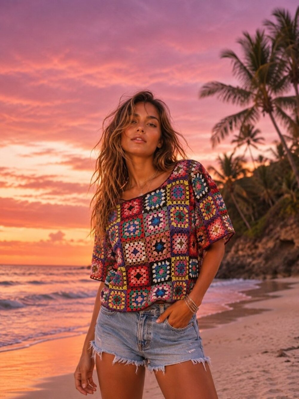 Farm Rio Brasilia Granny Square Crochet Cropped Sweater Knit Top - Picture 1 of 9